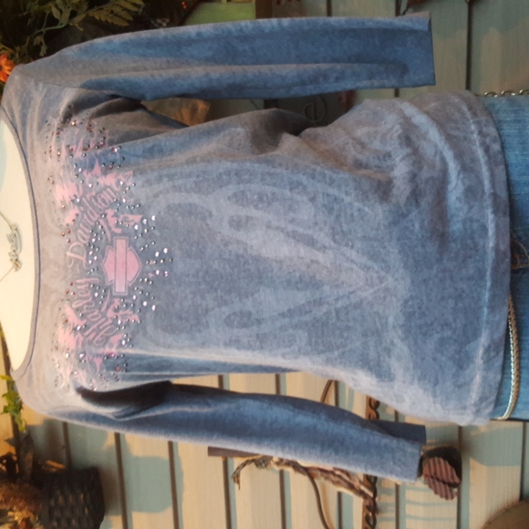 HARLEY-DAVIDSON ♡ Gray|Pink Embellished Rhinestones Detailed Graphics H-D Top S - Picture 7 of 10